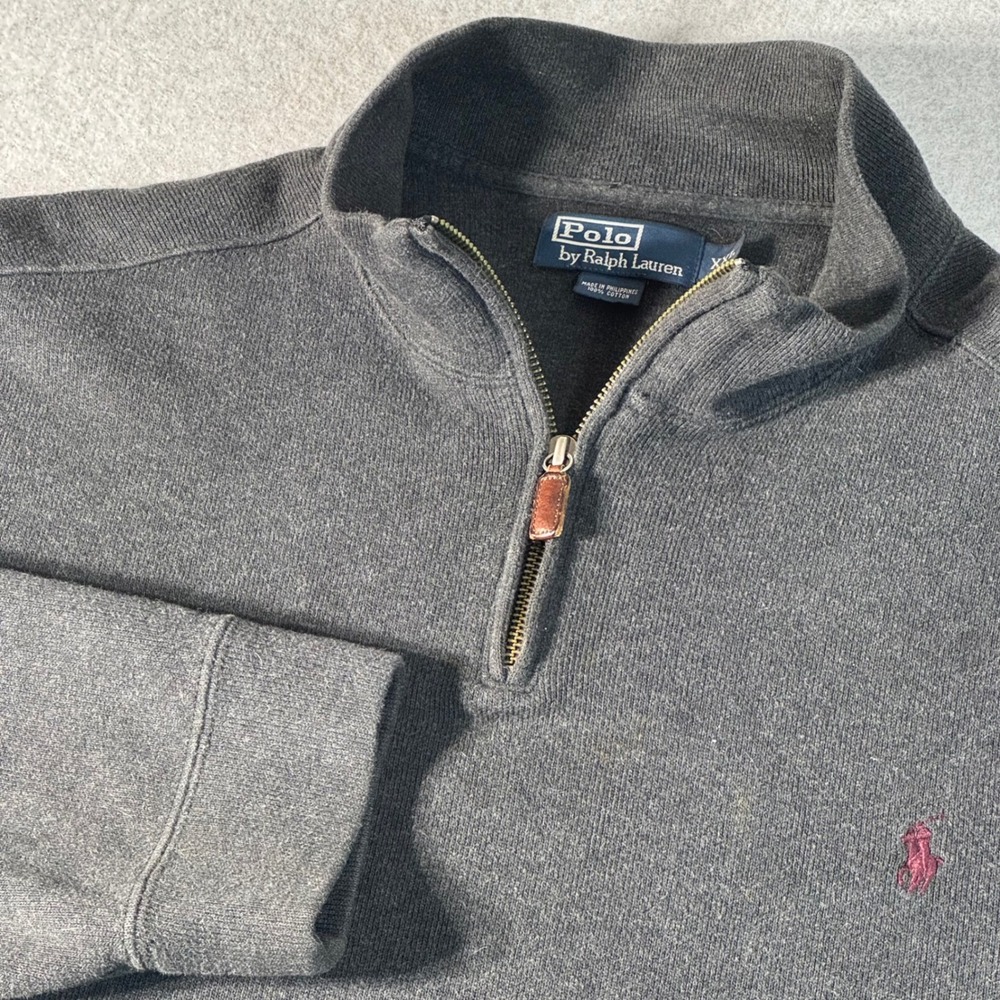 Polo Ralph Lauren Mens XXL Charcoal Grey 1/4 Zip Cotton Sweater Red Pony READ